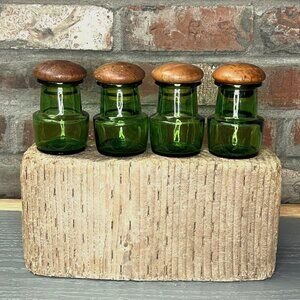 1960s Vintage Scandinavian MCM Green Glass & Teak spice jars SCAN LOOK AQ